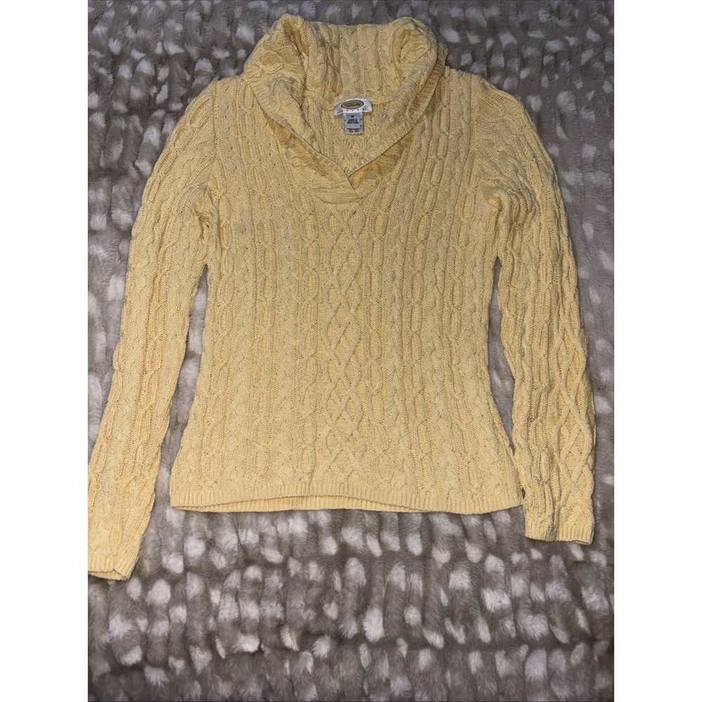 Talbots Sweater Womens Petite Medium Yellow Cotton Cable Knit V Neck Collared